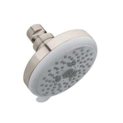 Brushed nickel shower head with white face plate and multiple spray jets mounted on angled arm.