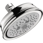 Chrome shower head with circular face, multiple spray jets, and adjustable arm mount.