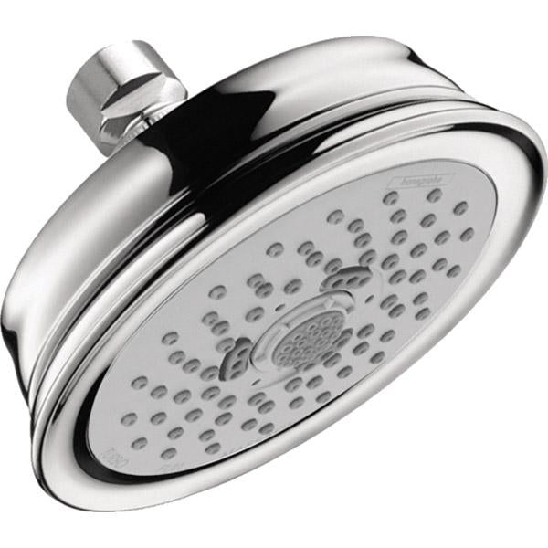 Chrome shower head with circular face, multiple spray jets, and adjustable arm mount.