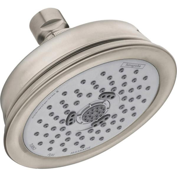 Brushed nickel round shower head with multiple spray jets and adjustable arm mount.
