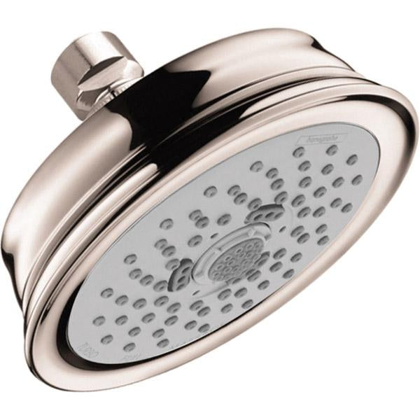 Polished nickel round shower head with multiple spray jets and curved arm connector.