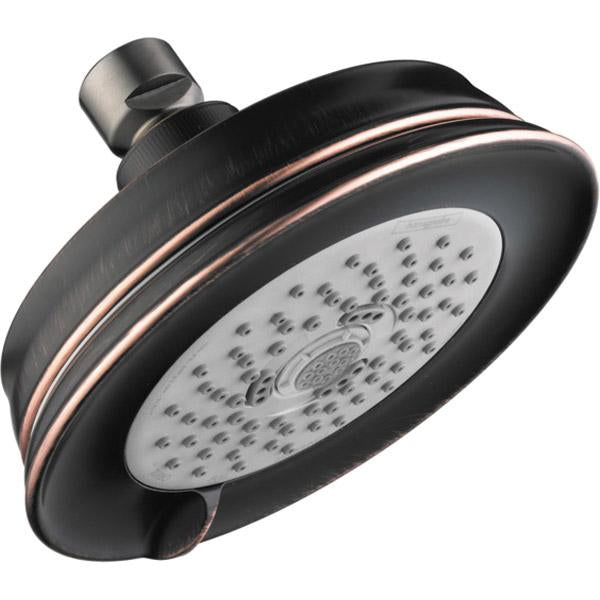 Rubbed bronze circular shower head with multiple spray jets and adjustable arm connection.