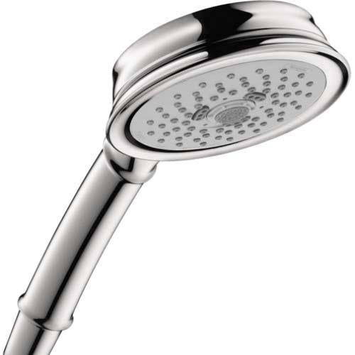 Chrome handheld showerhead with round spray face and multiple jet holes, attached to cylindrical handle.
