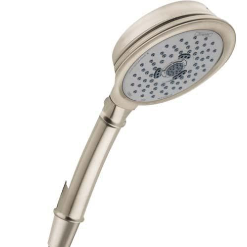 Brushed nickel handheld showerhead with round face and multiple spray jets on cylindrical handle.