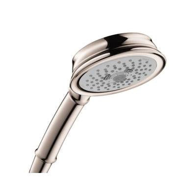 Polished nickel handheld showerhead with round face and jet nozzles attached to curved handle.