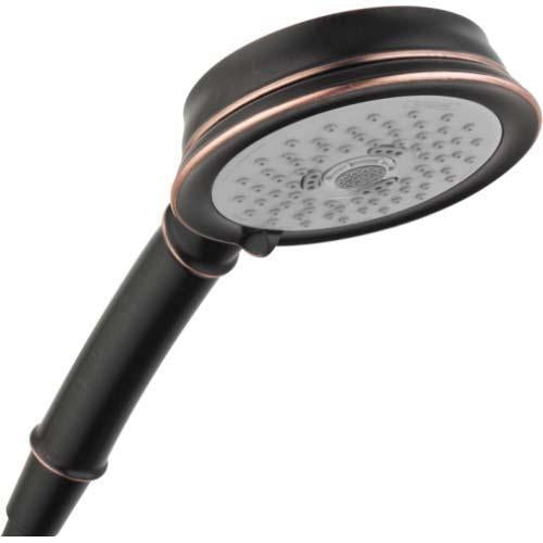 Rubbed bronze handheld showerhead with white spray face and dark grip handle featuring accent trim bands.