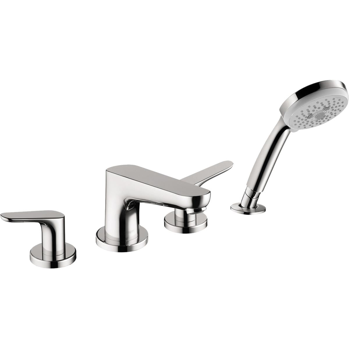 Chrome four-piece roman tub faucet set with two lever handles, center spout, and detachable handshower.