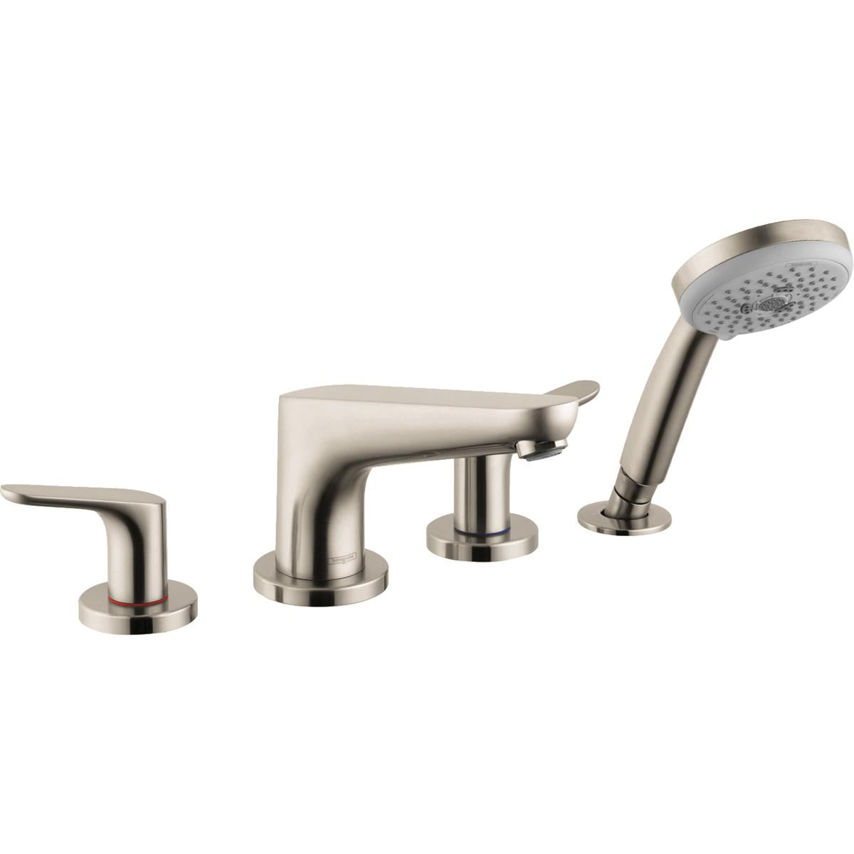 Brushed nickel four-piece roman tub faucet set with spout, handles, and detachable handheld showerhead.
