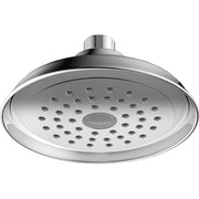 Chrome shower head with wide circular face and multiple spray jets, mounted on threaded connector.