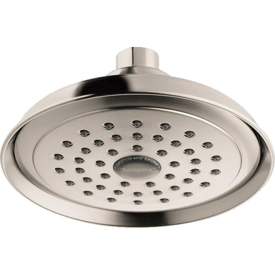 Brushed nickel round shower head with multiple spray jets and ceiling mount arm.