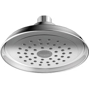 Chrome round shower head with multiple spray jets and cylindrical connector arm.