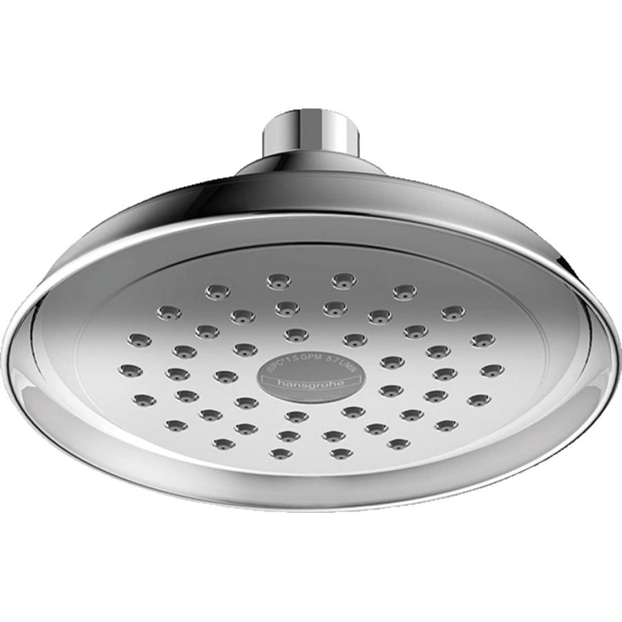 Chrome round shower head with multiple spray jets and cylindrical connector arm.