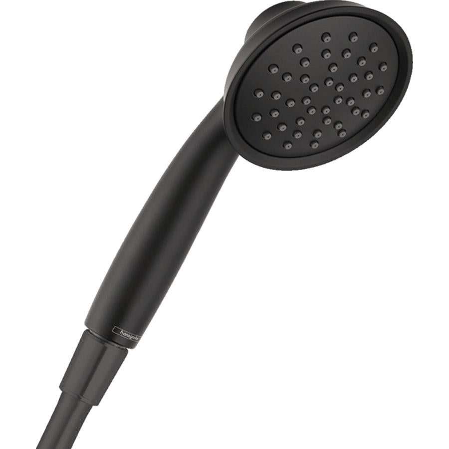 Matte black handheld showerhead with circular face featuring multiple spray jets and cylindrical handle.