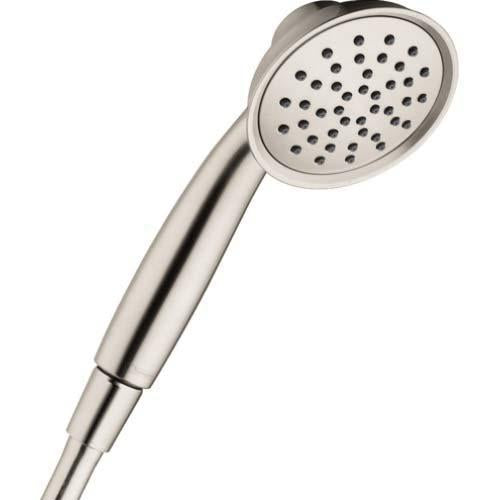 Brushed nickel handheld showerhead with round perforated face and curved handle.