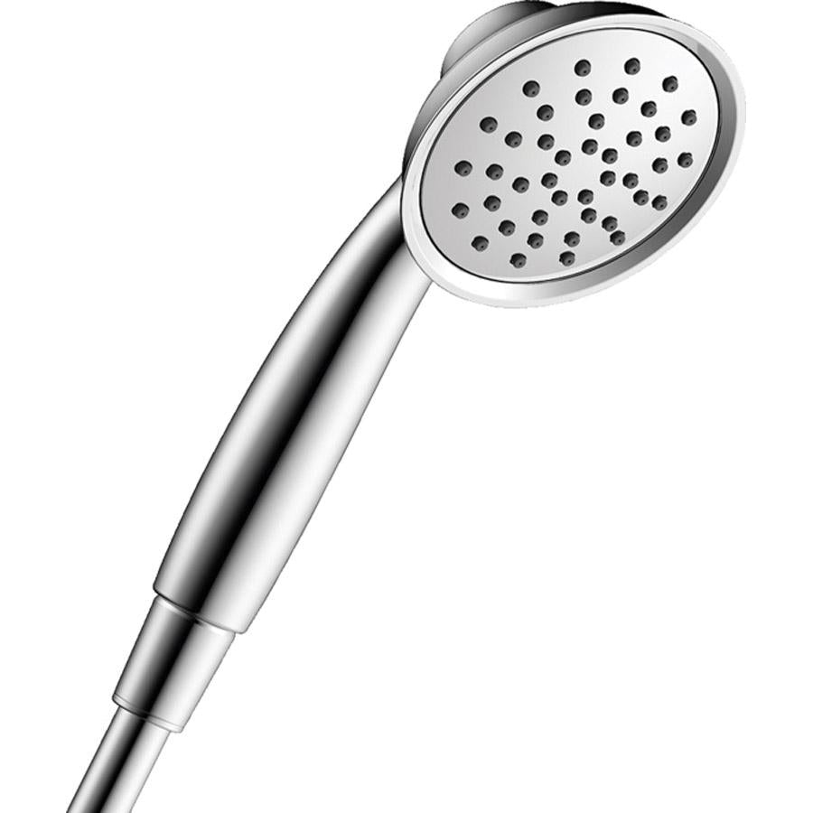 Chrome handheld showerhead with circular face and multiple spray holes, attached to cylindrical handle with connection bands.