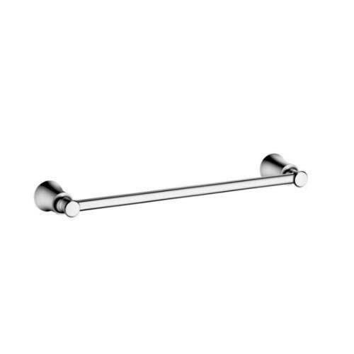 Chrome towel bar with cylindrical mounting flanges at each end and straight horizontal rod.