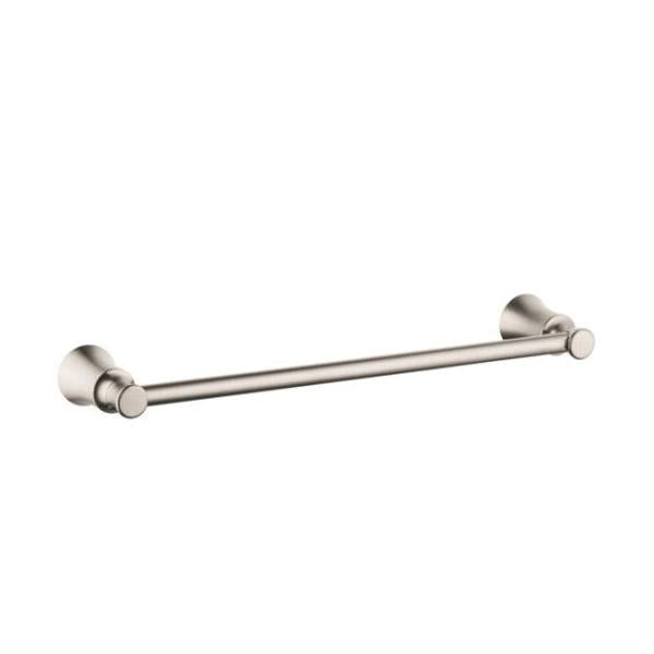 Brushed nickel towel bar with cylindrical end caps and straight horizontal rod.