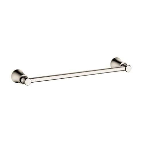 Polished nickel towel bar with cylindrical wall-mounted brackets on each end.
