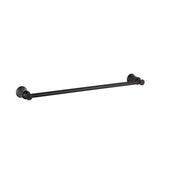 Matte black towel bar with round mounting flanges on each end and cylindrical rod.