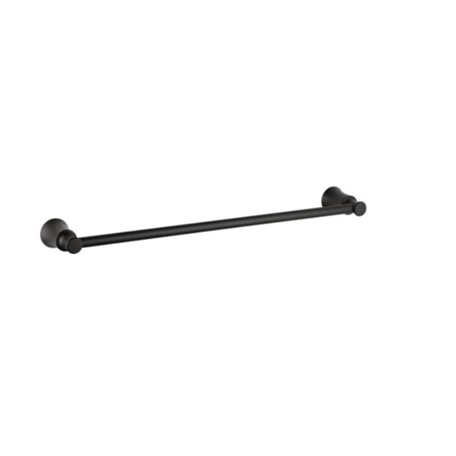 Matte black towel bar with round mounting flanges on each end and cylindrical rod.