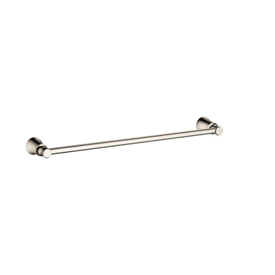 Polished nickel towel bar with cylindrical wall-mounted brackets on each end.