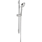 Chrome wall-mounted shower bar set with handheld showerhead and vertical sliding rail.