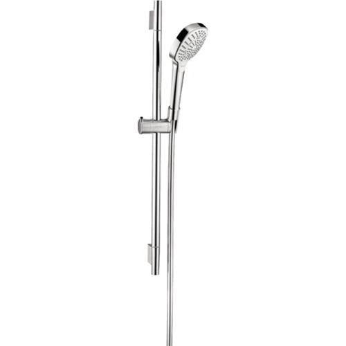 Chrome wall-mounted shower bar set with handheld showerhead and vertical sliding rail.