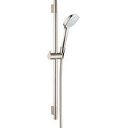 Brushed nickel wall-mounted shower bar with handheld showerhead and adjustable slide bracket.