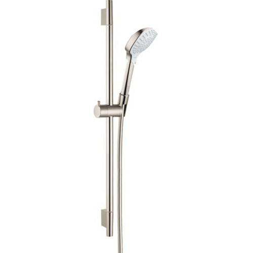 Brushed nickel wall-mounted shower bar with handheld showerhead and adjustable slide bracket.