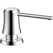 Chrome soap dispenser with tapered cylindrical pump head and horizontal lever spout.