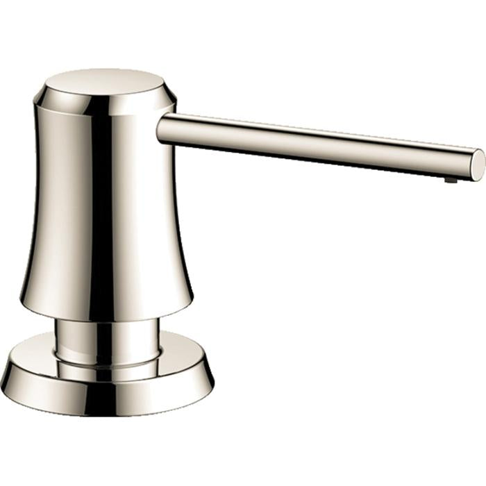 Polished nickel soap dispenser with tapered cylindrical pump and horizontal spout on round base.