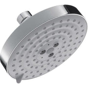 Chrome round shower head with multiple jets and spray holes, mounted arm attachment visible.
