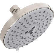 Brushed nickel round shower head with multiple spray jets and adjustable spray pattern control dial.