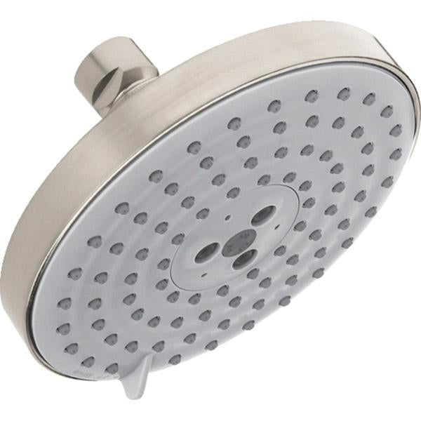 Brushed nickel round shower head with multiple spray jets and adjustable spray pattern control dial.