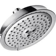 Chrome round shower head with multiple spray jets and mounting bracket visible against white background.