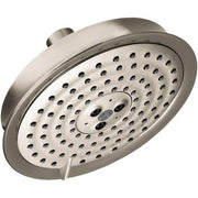 Brushed nickel round shower head with multiple spray jets and mounted arm connector.