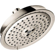 Polished nickel round shower head with multiple spray jets and adjustable control dial in center.