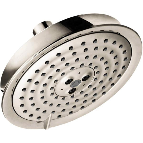 Polished nickel round shower head with multiple spray jets and adjustable control dial in center.