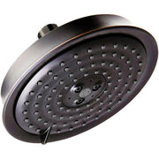 Rubbed bronze round shower head with multiple spray jets and adjustable center dial.