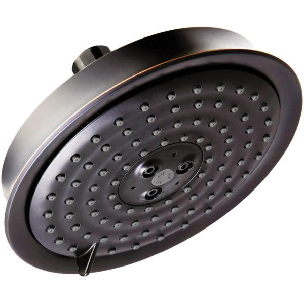 Rubbed bronze round shower head with multiple spray jets and adjustable center dial.