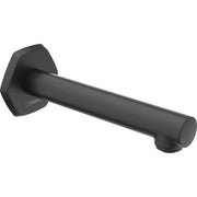 Matte black cylindrical tub spout with geometric square mounting flange and curved outlet nozzle.