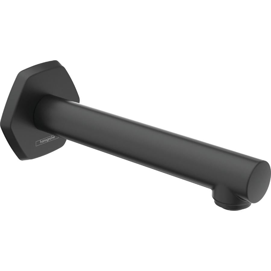 Matte black cylindrical tub spout with geometric square mounting flange and curved outlet nozzle.