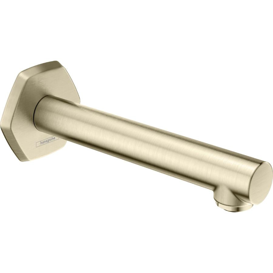 Brushed nickel tub spout with cylindrical outlet and geometric wall-mounted escutcheon plate.