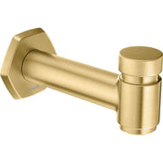Brushed gold tub spout with cylindrical body, angled diverter, and hexagonal wall mount plate.