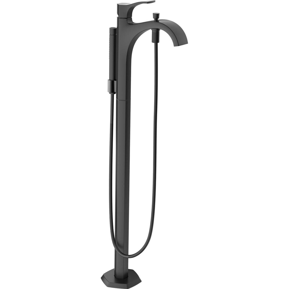 Matte black freestanding tub filler with curved spout, lever handle, and attached handshower on hose.