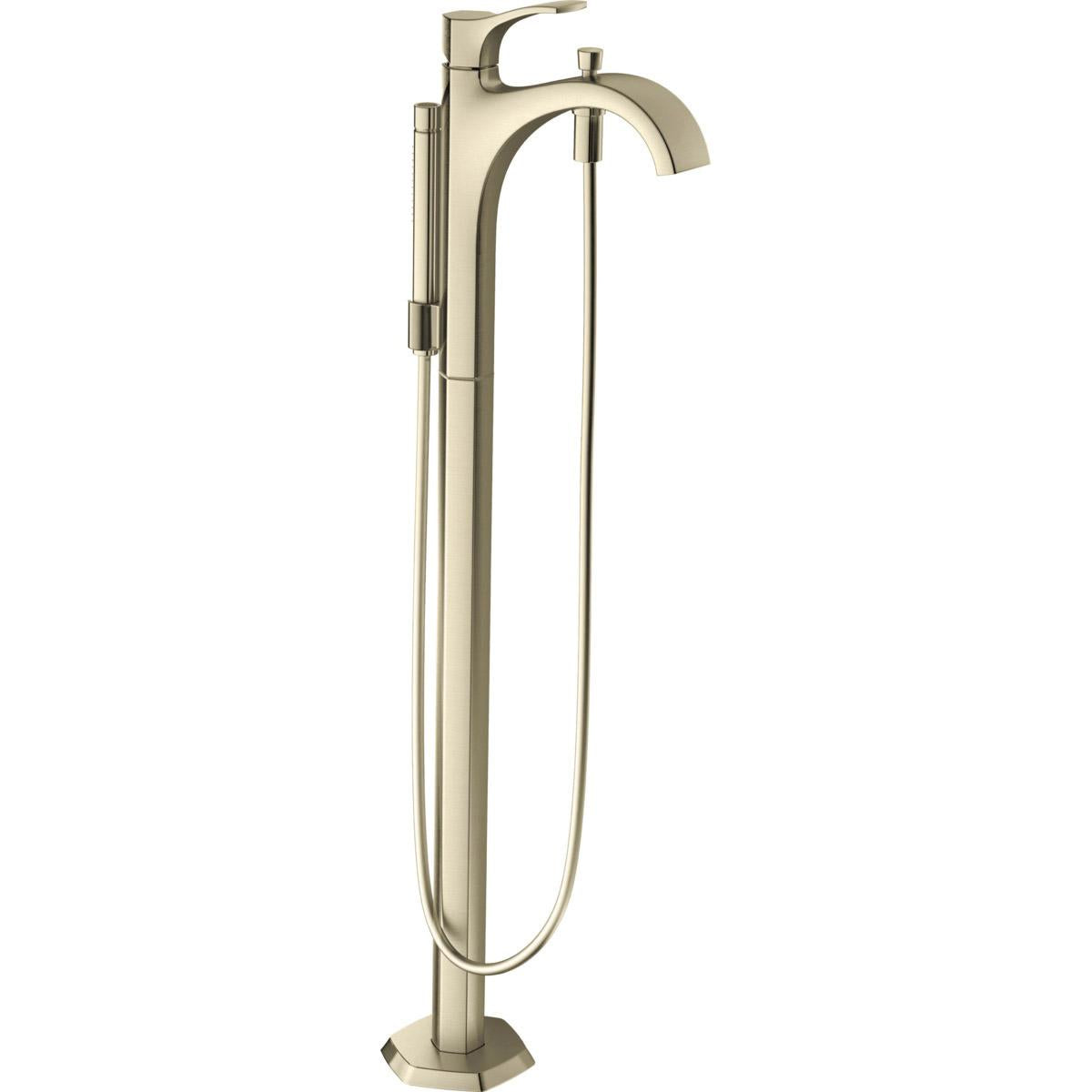 Brushed nickel freestanding tub filler with curved spout, single lever handle, and attached handheld showerhead on hose.
