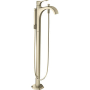 Brushed nickel freestanding tub filler with curved spout, single lever handle, and attached handheld showerhead on hose.