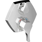 Chrome thermostatic shower trim with upper volume control dial and lower temperature dial with red and blue indicators.