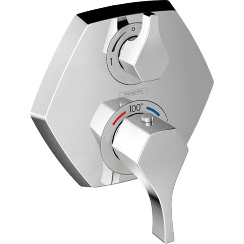 Chrome thermostatic shower trim with upper volume control dial and lower temperature dial with red and blue indicators.
