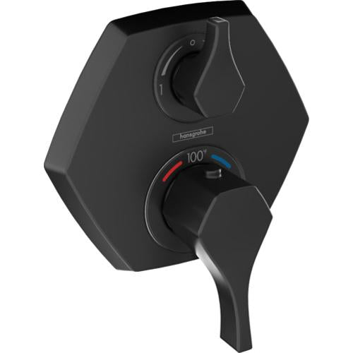 Matte black hexagonal thermostatic shower trim with upper lever handle and lower diverter control with temperature gauge.